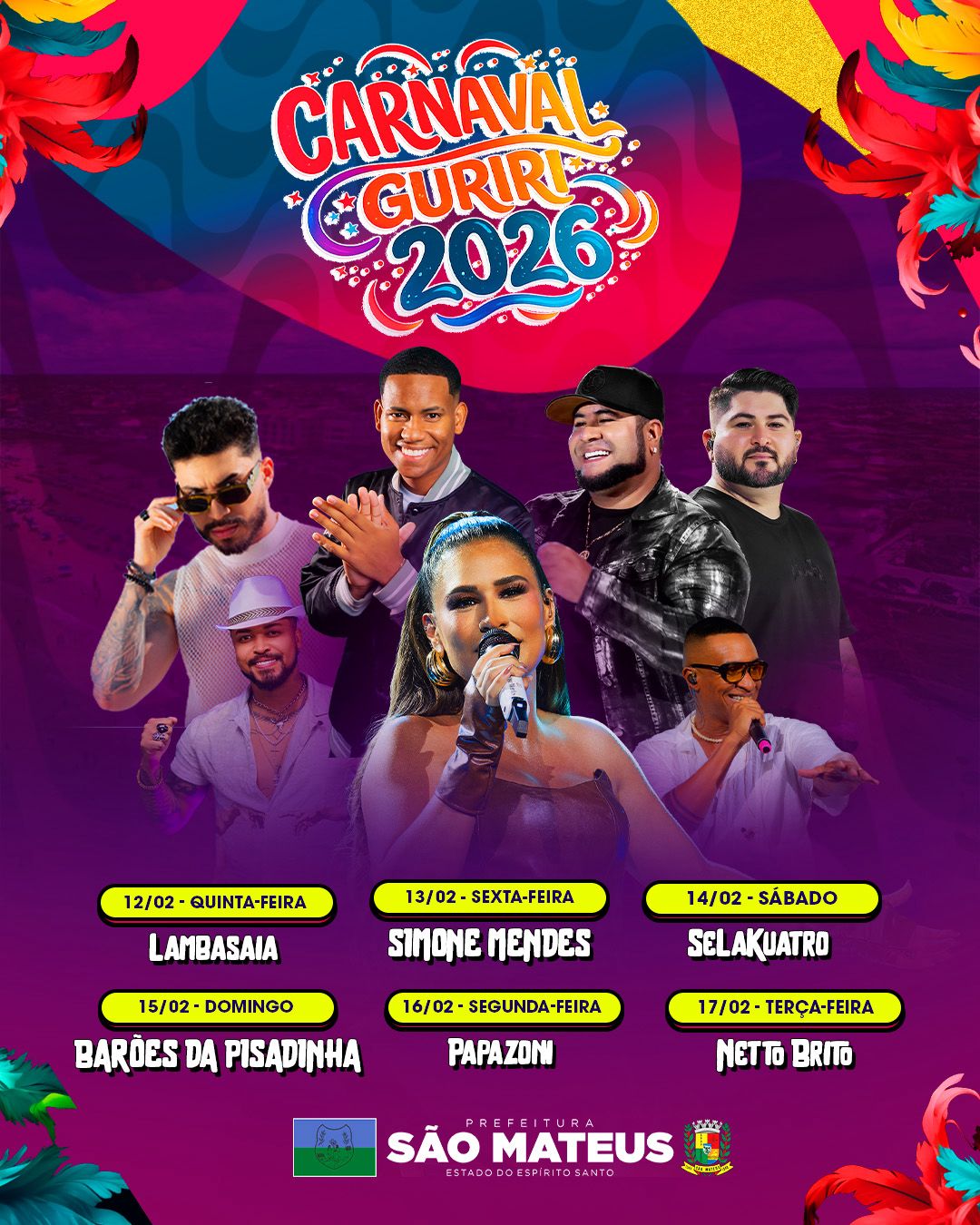  PREFEITURA DE SÃO MATEUS DIVULGA PROGRAMAÇÃO COMPLETA DO CARNAVAL 2026 EM GURIRI E PRAIAS ADJACENTES