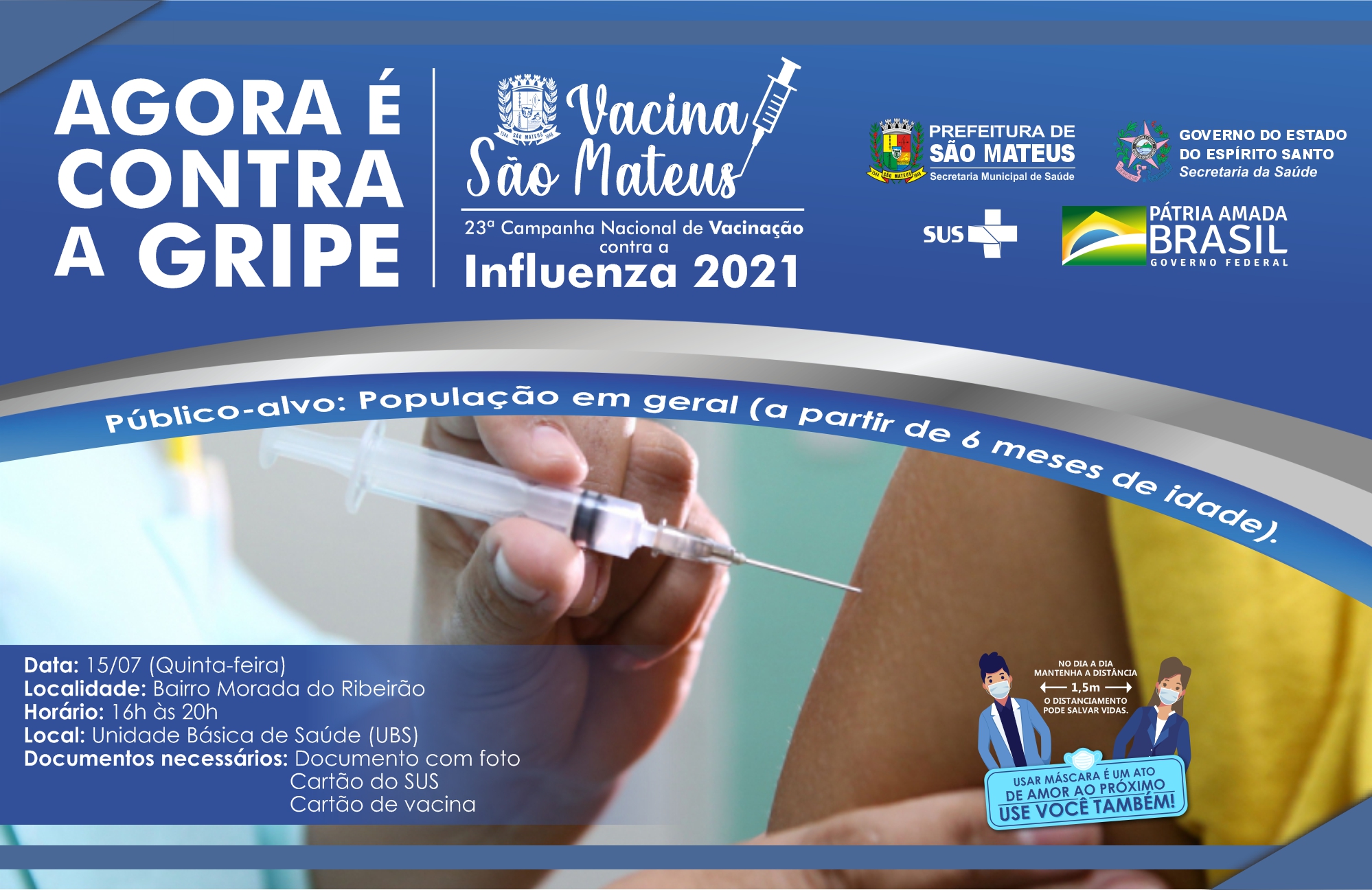 VACINA CONTRA GRIPE PARA TODAS AS IDADES NESTA QUINTA-FEIRA NO BAIRRO MORADA DO RIBEIRÃO