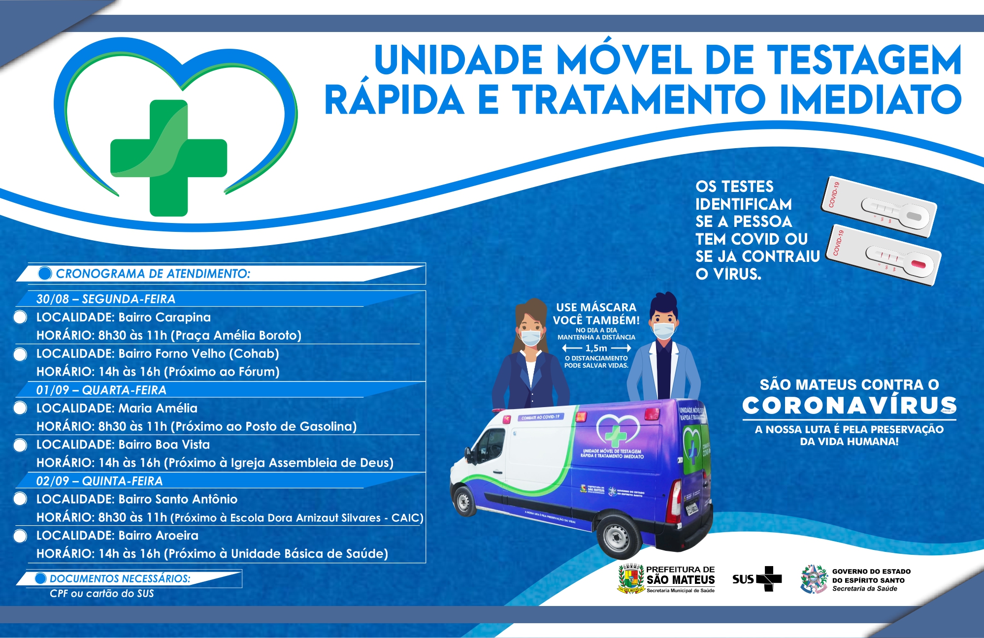 QUER SABER SEU ESTADO SOROLÓGICO PARA COVID-19? CONFIRA O CRONOGRAMA DE ATENDIMENTO DA UNIDADE MÓVEL DE TESTAGEM RÁPIDA