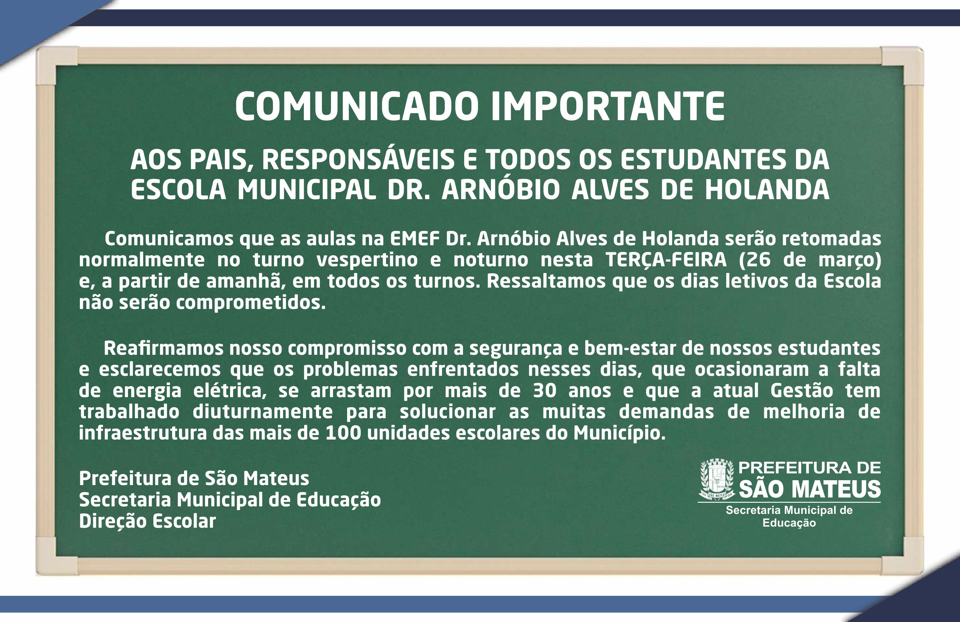 COMUNICADO IMPORTANTE DA ESCOLA MUNICIPAL DR. ARNÓBIO ALVES DE HOLANDA