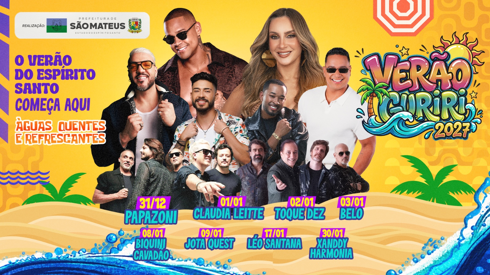 VERÃO GURIRI 2027 SERÁ O MAIOR VERÃO DO ESPÍRITO SANTO, COM OITO SHOWS NACIONAIS NA ILHA, DE 31 DE DEZEMBRO A 30 DE JANEIRO