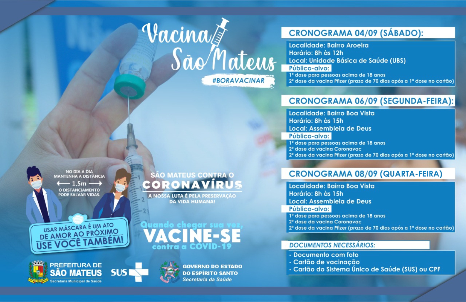 NESTE SÁBADO (04) TEM VACINAÇÃO NO BAIRRO AROEIRA. NA SEGUNDA-FEIRA (06) E QUARTA-FEIRA (08) ATENDIMENTO CONTINUA NO BAIRRO BOA VISTA