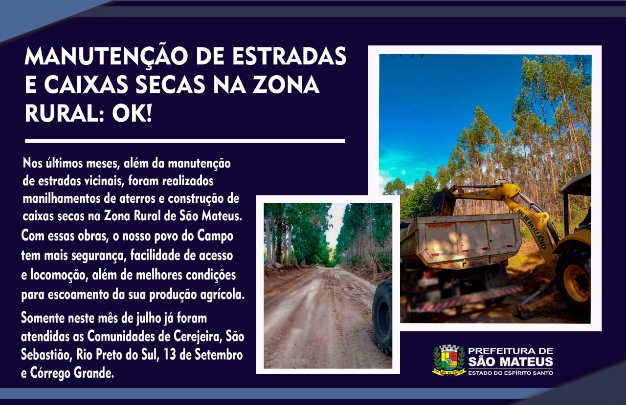 MANUTENÇÃO DE ESTRADAS E CAIXAS SECAS NA ZONA RURAL: OK!