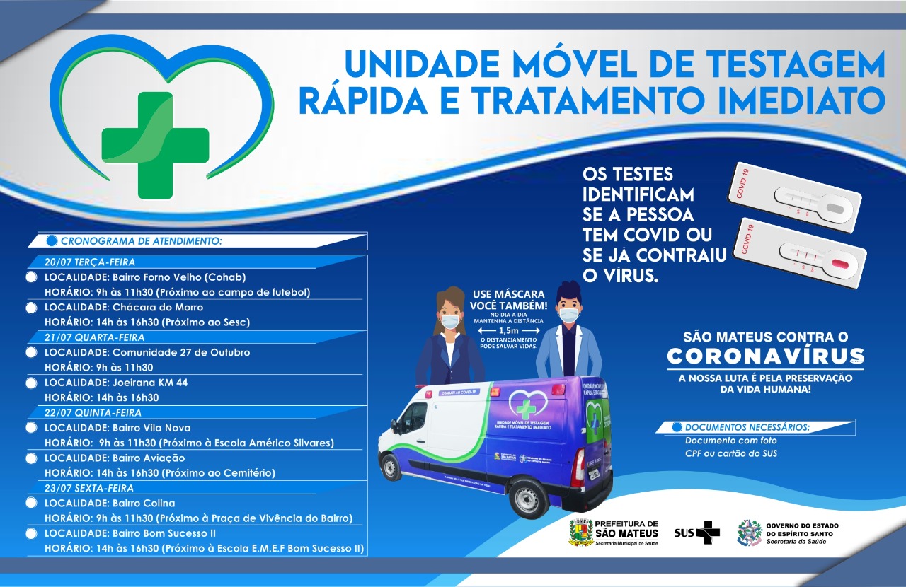 QUER SABER SEU ESTADO SOROLÓGICO PARA COVID-19? CONFIRA O CRONOGRAMA DE ATENDIMENTO DA UNIDADE MÓVEL DE TESTAGEM RÁPIDA DE 20 A 23 DE JULHO