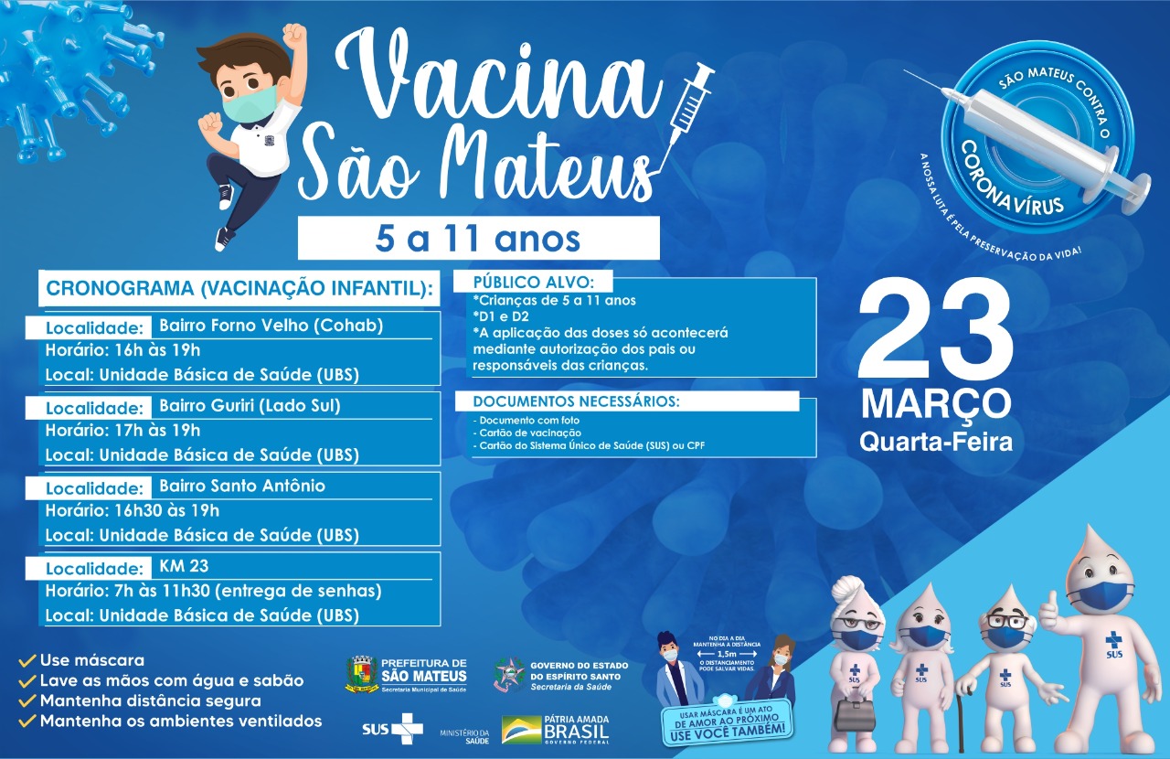 VACINAÇÃO INFANTIL SEGUE NESTA QUARTA-FEIRA (23) EM UNIDADES DE SAÚDE DE SÃO MATEUS