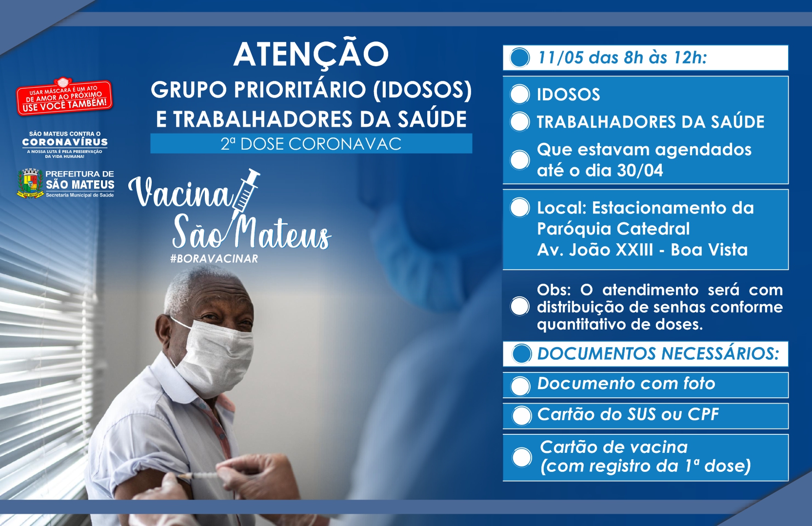 SÃO MATEUS CONTRA A COVID-19: SEGUNDA DOSE DA CORONAVAC SERÁ PARA IDOSOS E PROFISSIONAIS DA SAÚDE AGENDADOS ATÉ O FINAL DE ABRIL