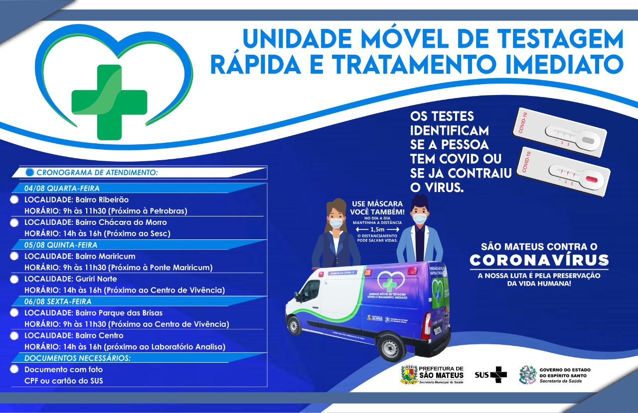 DESCUBRA SEU ESTADO SOROLÓGICO PARA COVID-19: CONFIRA O CRONOGRAMA DE ATENDIMENTO DA UNIDADE MÓVEL DE TESTAGEM RÁPIDA