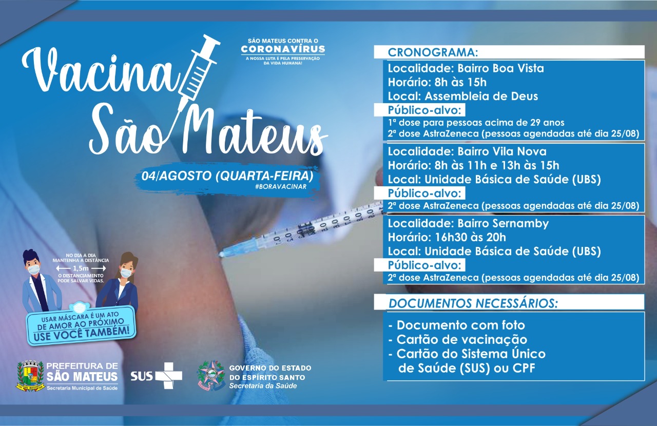 CONFIRA O CRONOGRAMA DE VACINAÇÃO CONTRA COVID PARA ESSA QUARTA-FEIRA (04/08)