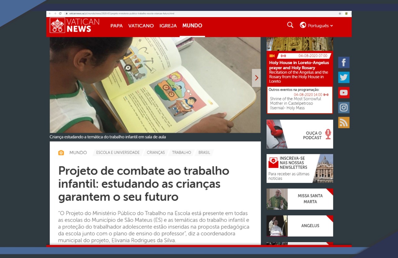 PROJETO DA PREFEITURA DE SÃO MATEUS EM PARCERIA COM O MPT É DESTAQUE NO SITE DO VATICANO
