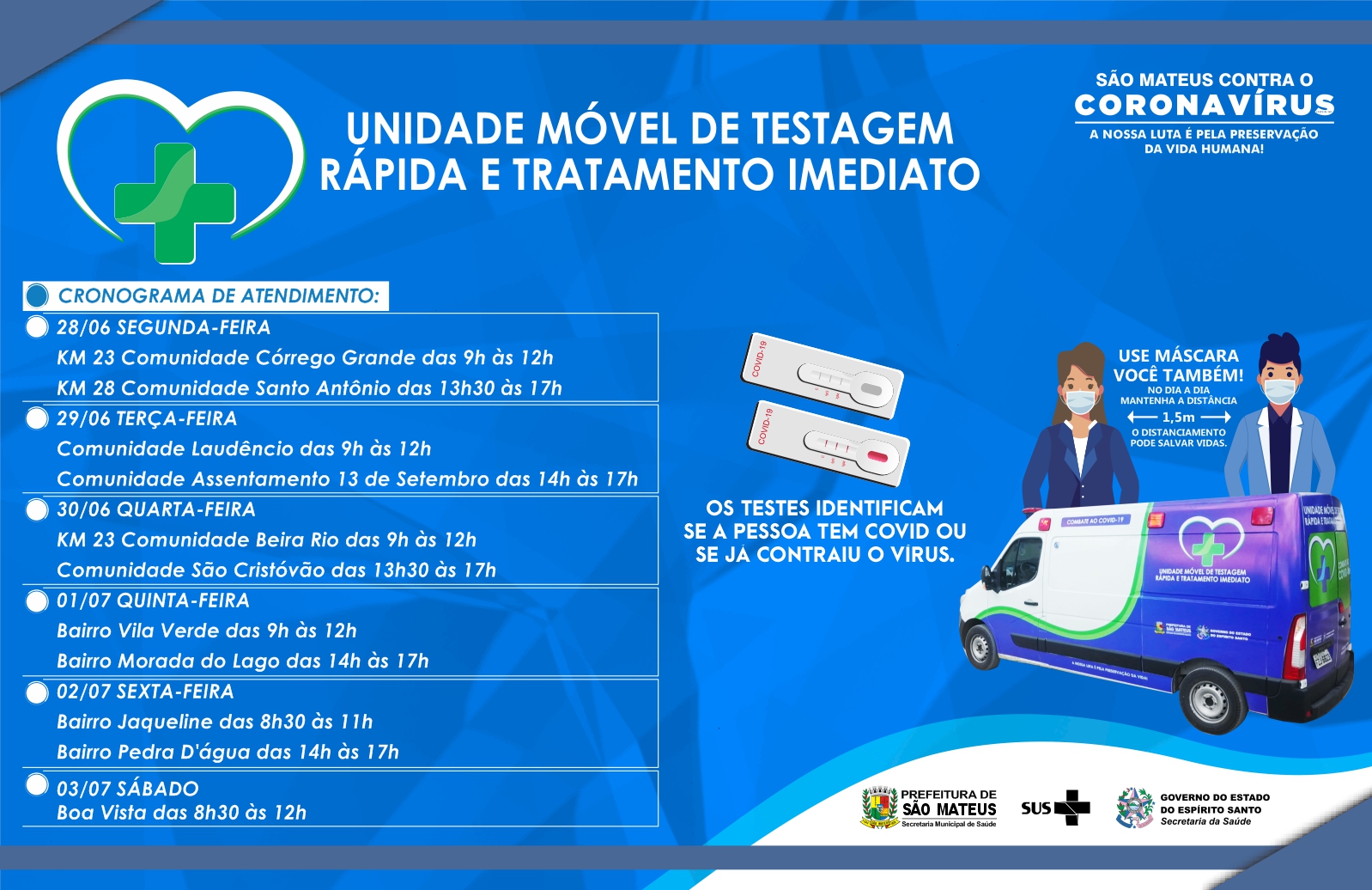 QUER SABER SEU ESTADO SOROLÓGICO PARA COVID-19? CONFIRA O CRONOGRAMA DE ATENDIMENTO DA UNIDADE MÓVEL DE TESTAGEM RÁPIDA