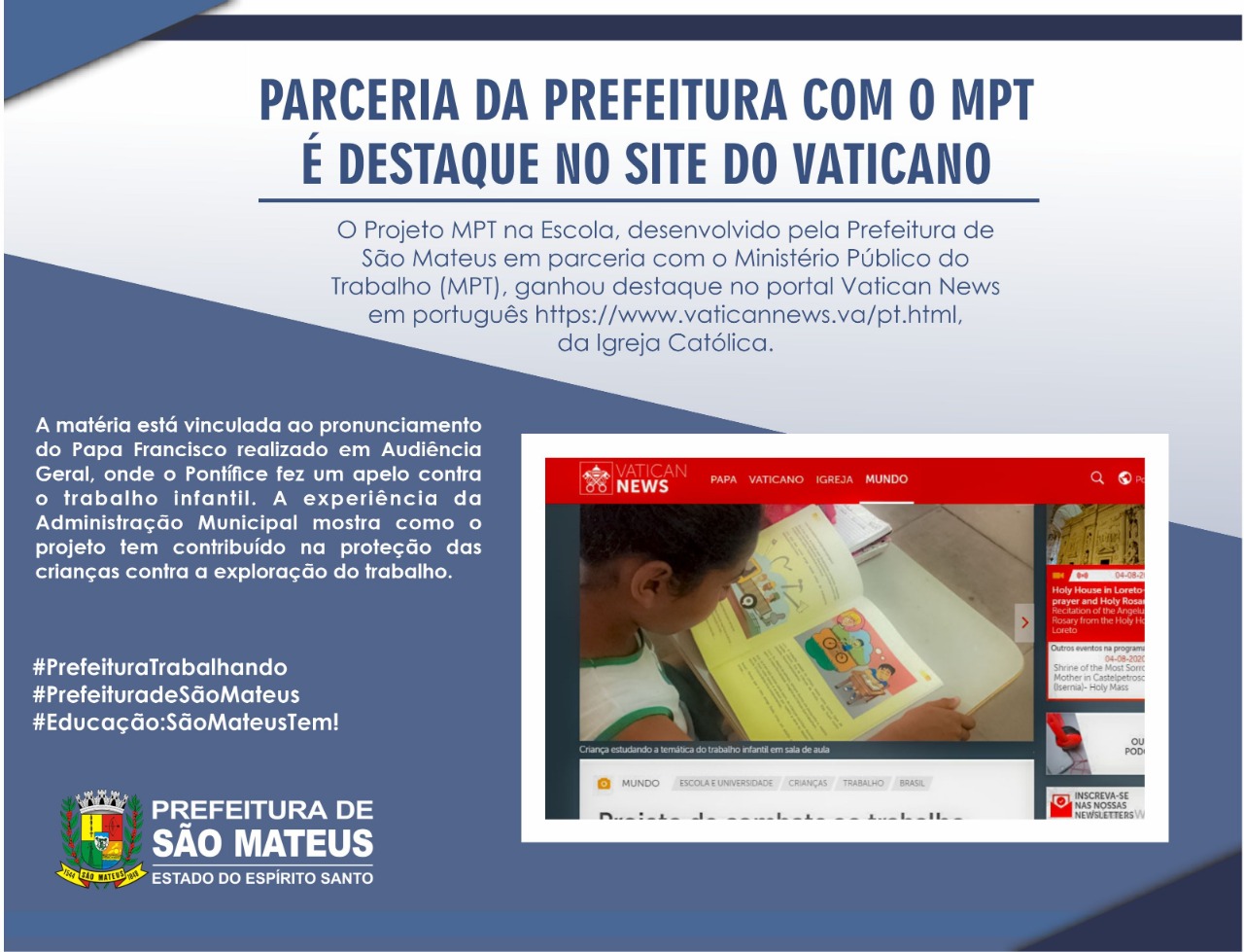 PARCERIA DA PREFEITURA COM O MPT É DESTAQUE NO SITE DO VATICANO