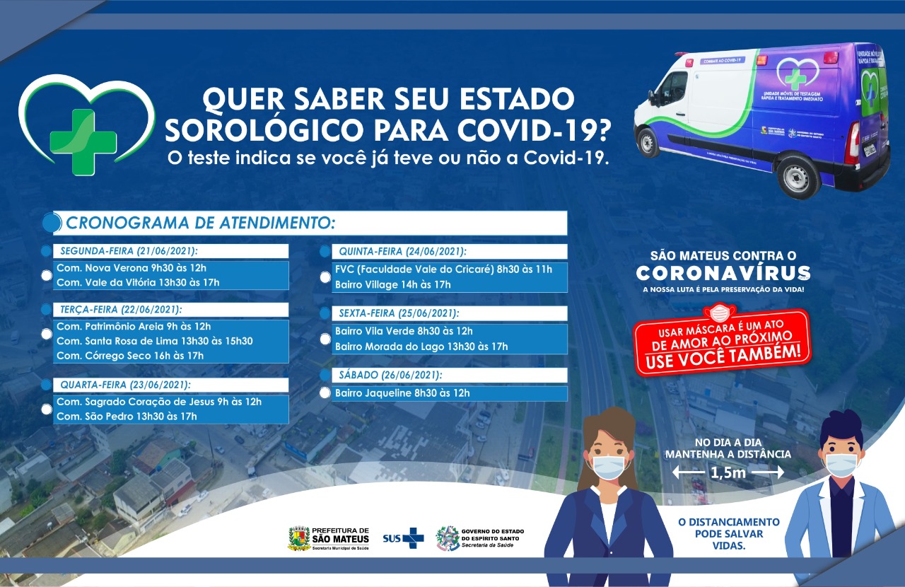 QUER SABER SEU ESTADO SOROLÓGICO PARA COVID-19? CONFIRA O CRONOGRAMA DE ATENDIMENTO DA UNIDADE MÓVEL DE TESTAGEM RÁPIDA DA COVID