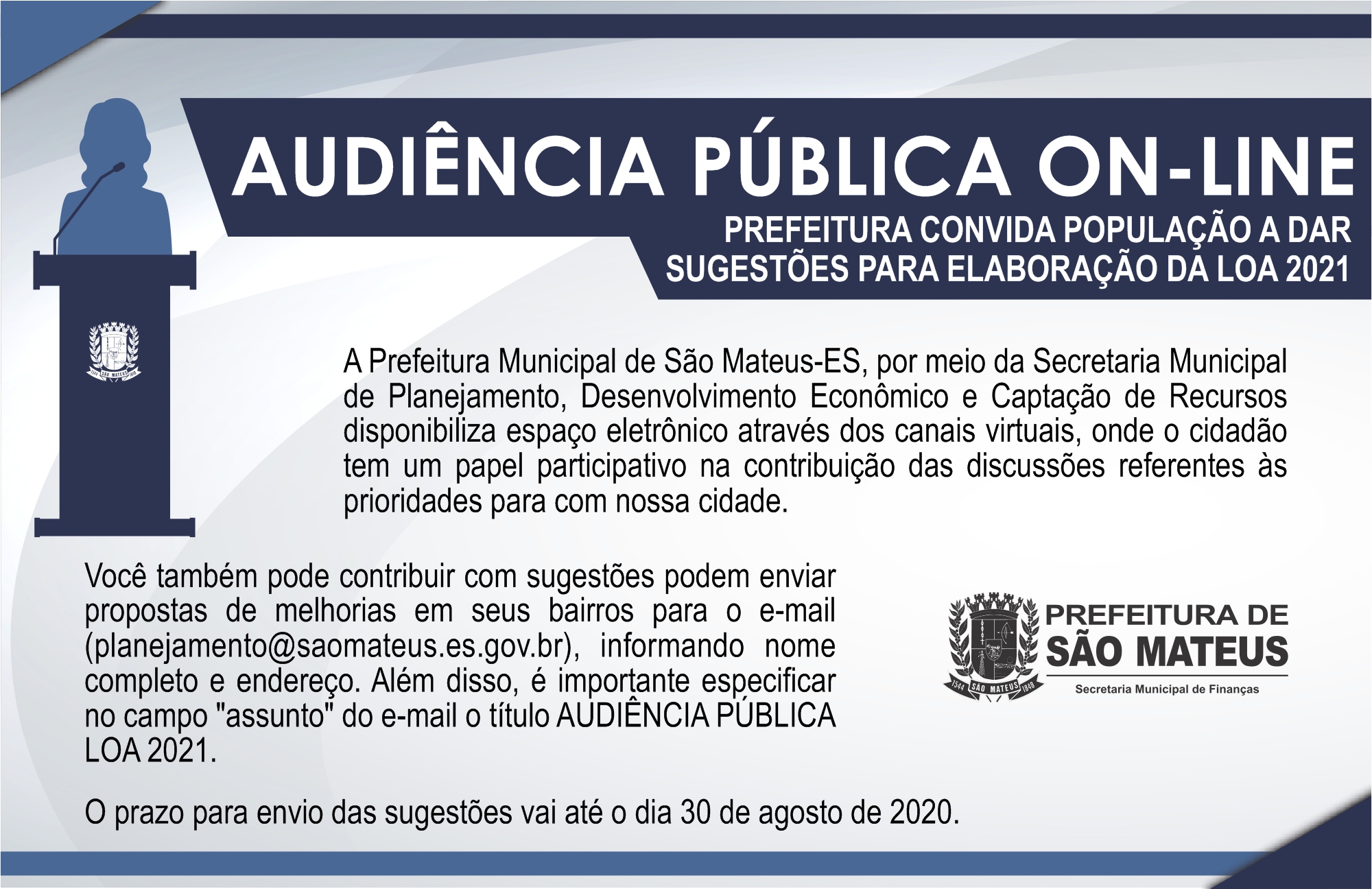 PREFEITURA CONVIDA POPULAÇÃO A DAR SUGESTÕES PARA ELABORAÇÃO DA LOA 2021