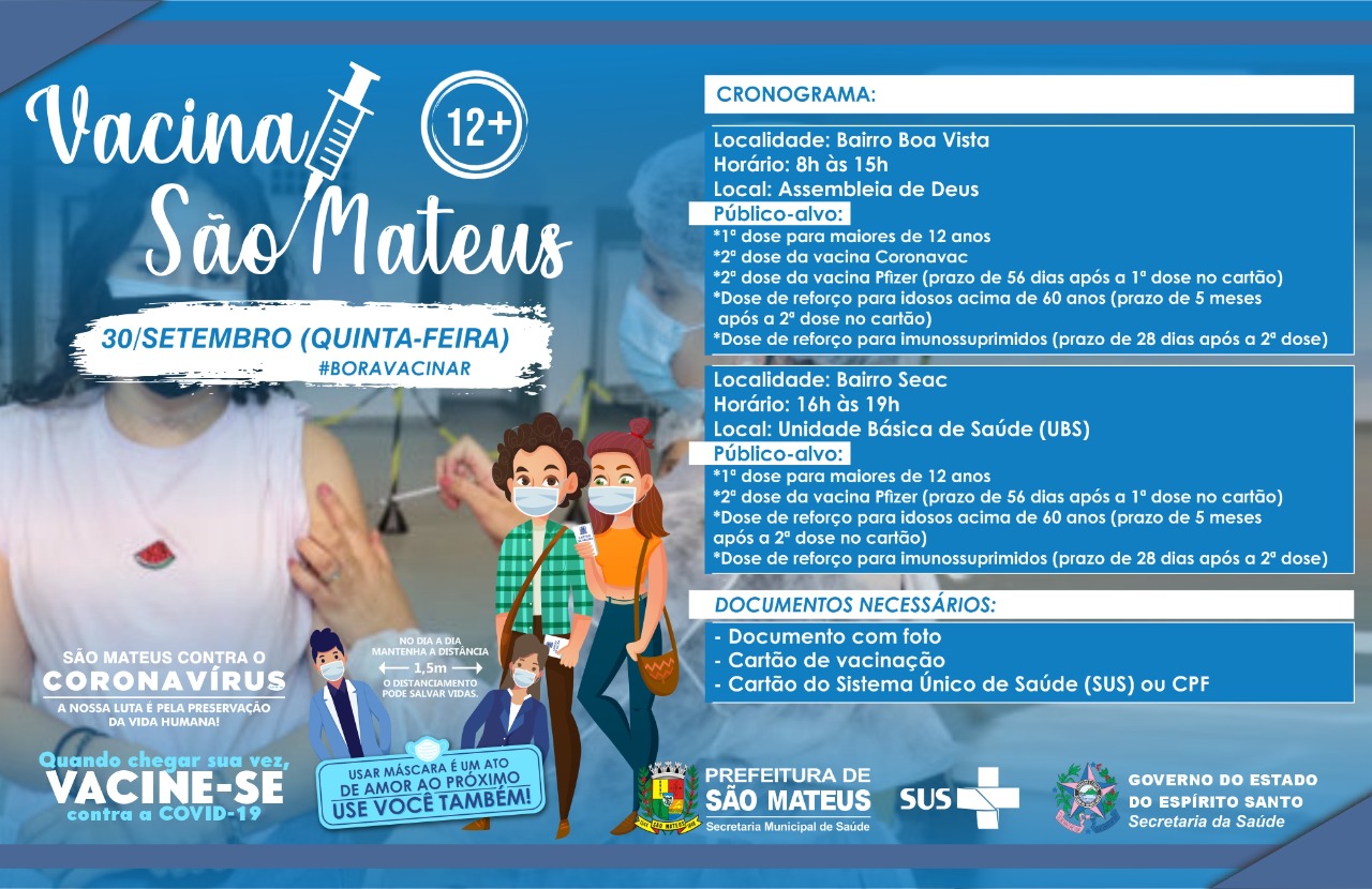 SÃO MATEUS CONTRA COVID: NESTA QUINTA-FEIRA (30) TEM VACINAÇÃO NOS BAIRROS BOA VISTA E SEAC