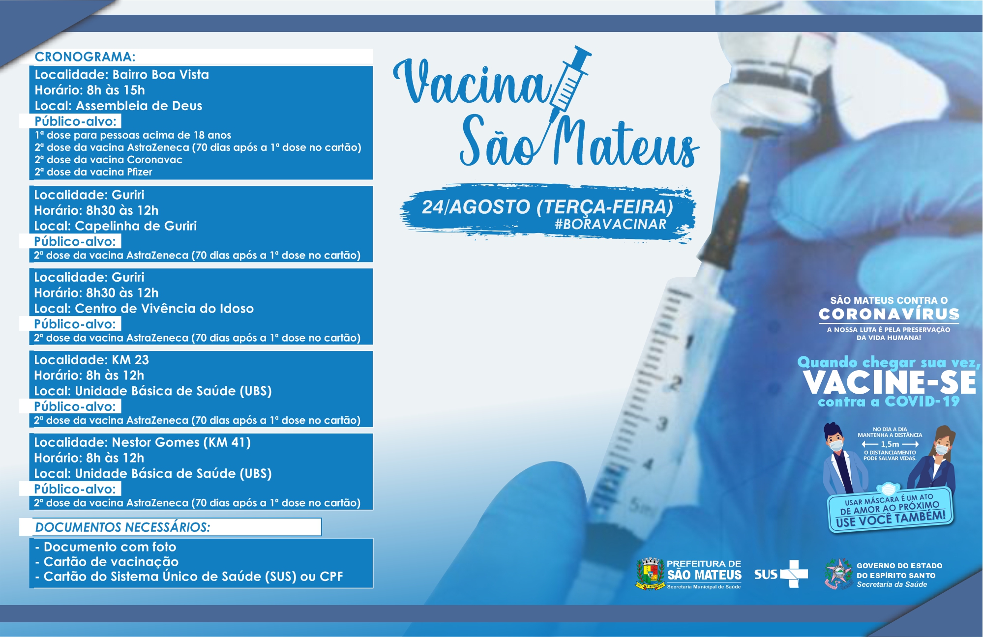 SÃO MATEUS CONTRA COVID: CONFIRA O CRONOGRAMA DE VACINAÇÃO DESSA TERÇA-FEIRA (24)