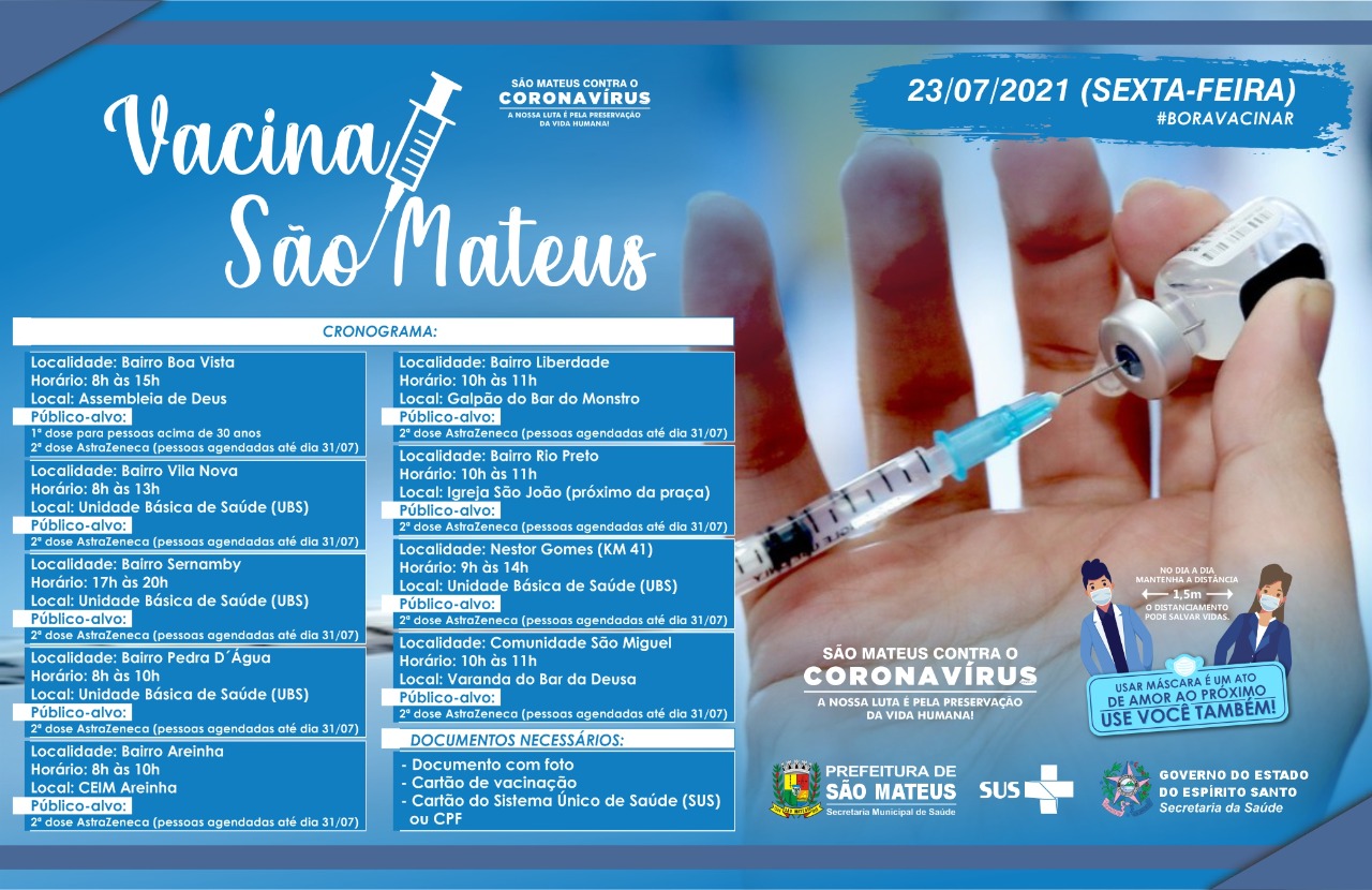 TODOS CONTRA COVID: CONFIRA O CRONOGRAMA DE VACINAÇÃO DESTA SEXTA-FEIRA (23)