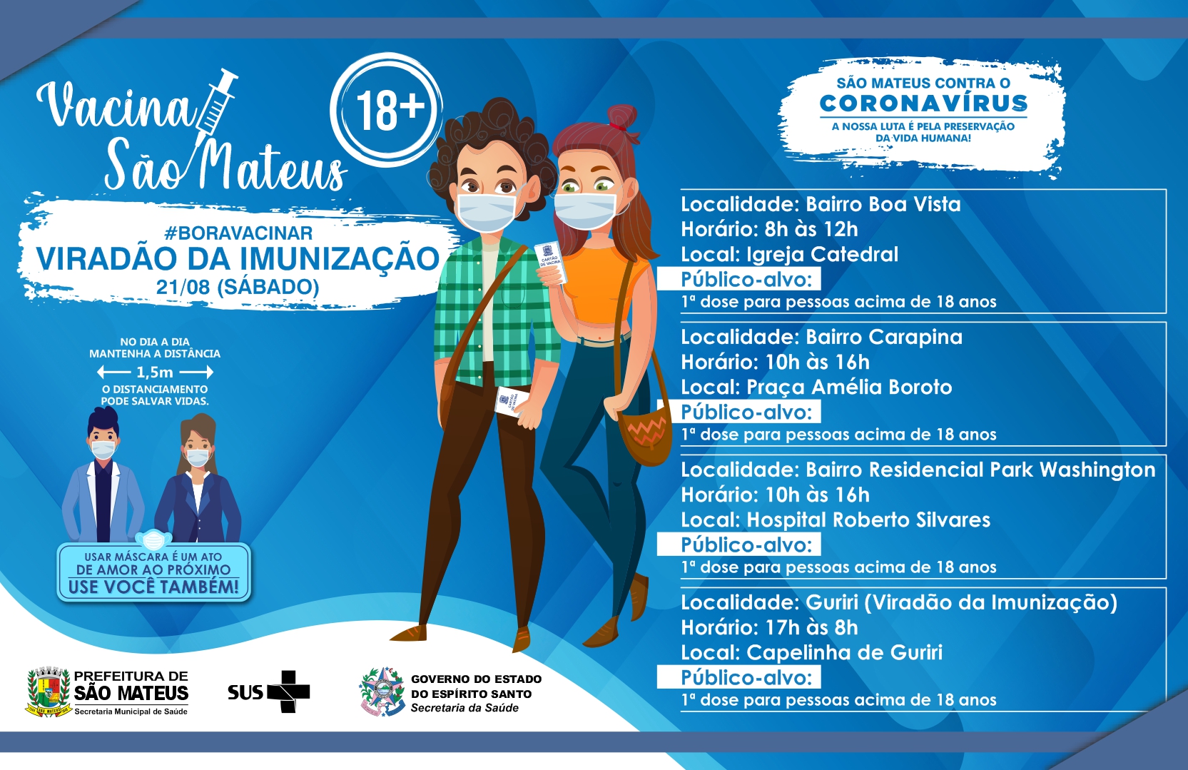 SÁBADO TEM “VIRADÃO DA IMUNIZAÇÃO”: 24 HORAS DE VACINAÇÃO CONTRA COVID PARA MAIORES DE 18 ANOS EM SÃO MATEUS