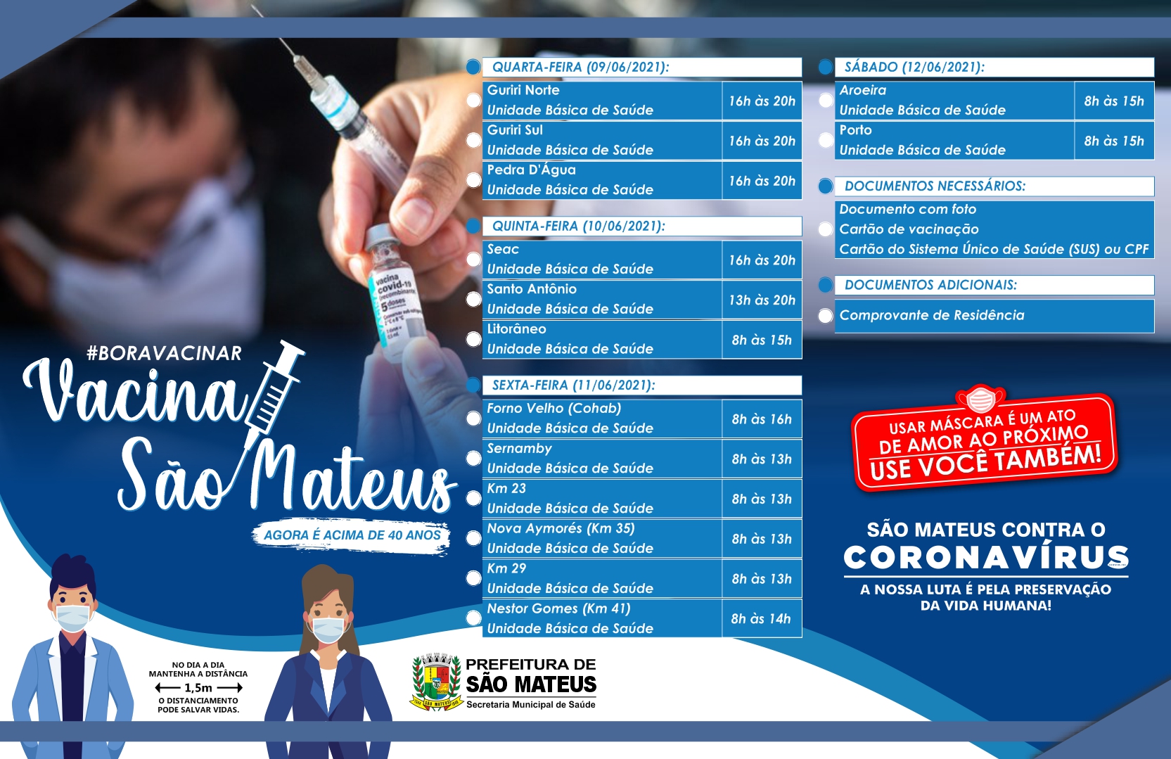 SÃO MATEUS INICIA VACINAÇÃO CONTRA COVID PARA PÚBLICO ACIMA DE 40 EM ALGUNS TERRITÓRIOS