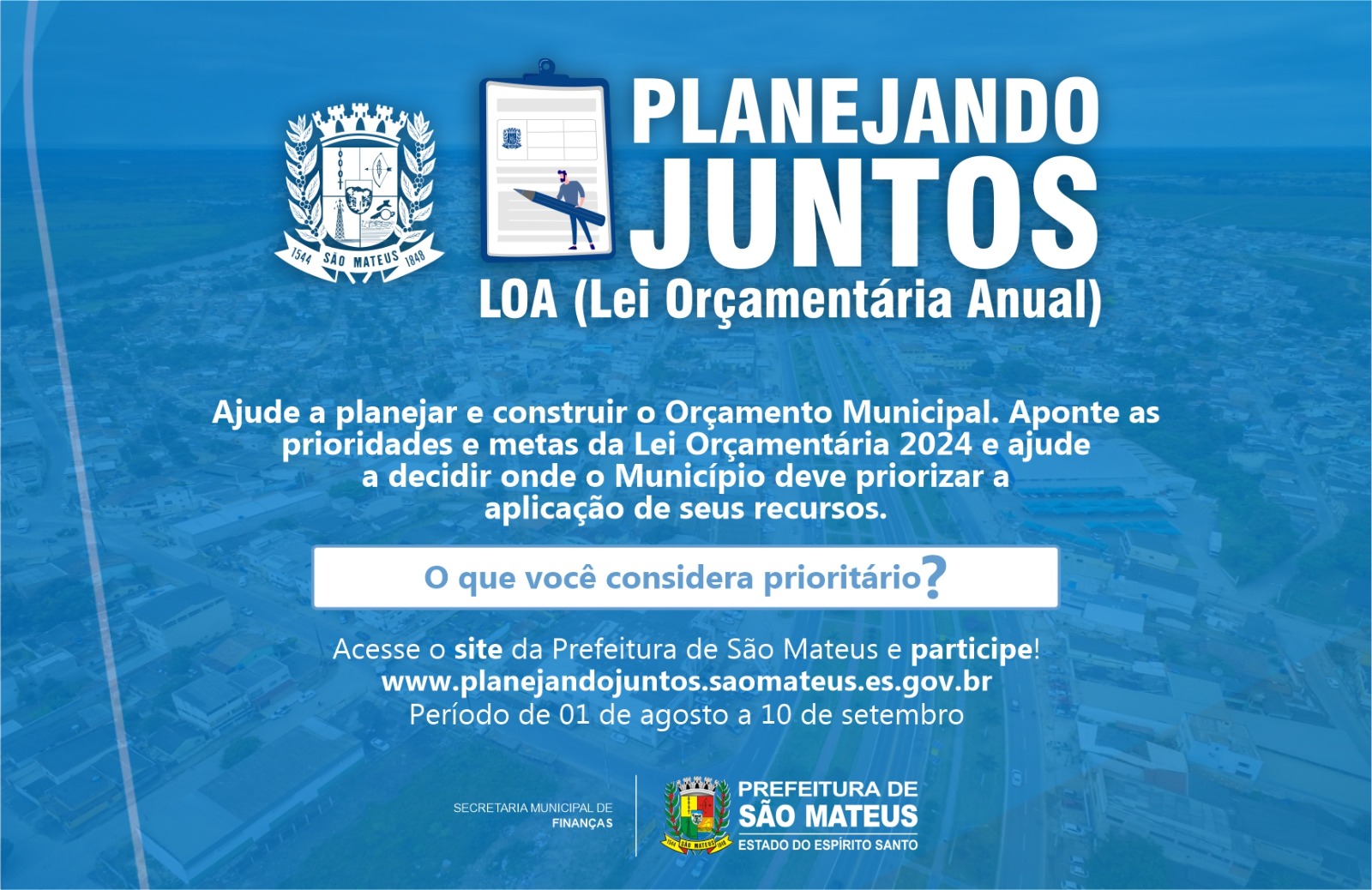 PARTICIPAÇÃO POPULAR NA LEI ORÇAMENTÁRIA 2024 ABERTA A PARTIR DE  01 DE AGOSTO ATRAVÉS DO SITE DA PREFEITURA DE SÃO MATEUS