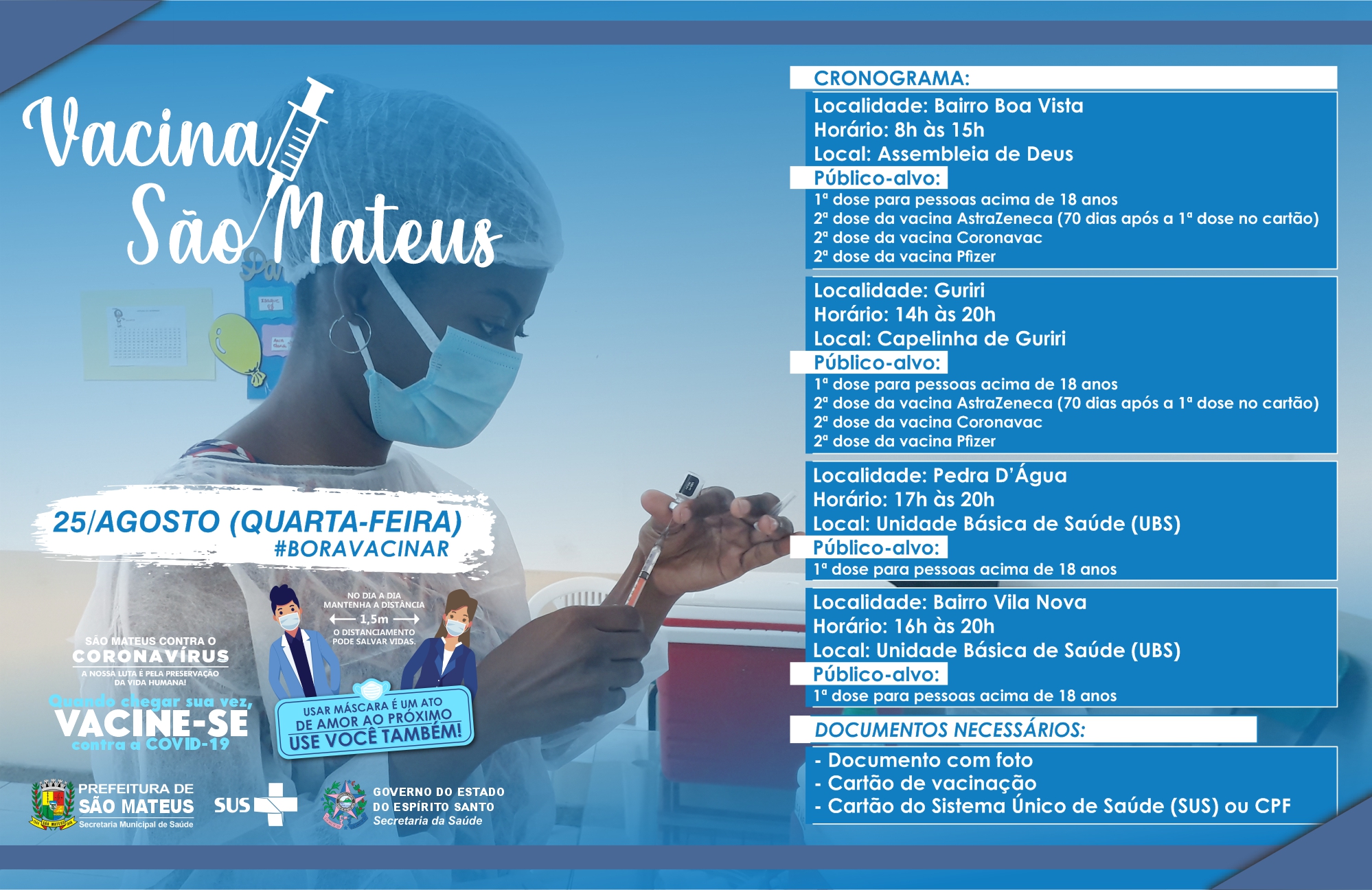 NESTA QUARTA-FEIRA (25) TEM VACINAÇÃO CONTRA COVID NOS BAIRROS: BOA VISTA, GURIRI, PEDRA D’ÁGUA E VILA NOVA