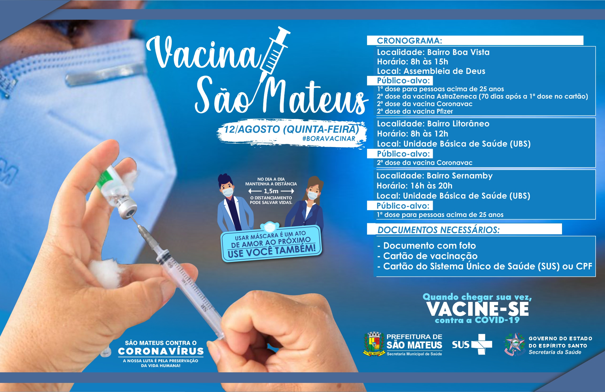 SÃO MATEUS CONTRA COVID: QUINTA-FEIRA (12) TEM VACINAÇÃO PARA PESSOAS ACIMA DE 25 ANOS E APLICAÇÃO DA 2ª DOSE